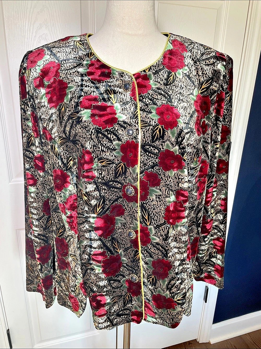 Vintage R&K Evening Velvet Floral Jacket Black Gold Trim Whimsigoth Size 18W